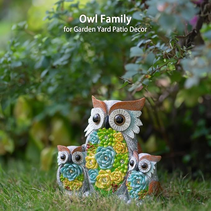 Solar Garden Statue Lights Owl Figurine with LED Lights, Outdoor Garden Succulent Ornaments Christmas Gift Waterproof Decoration for Outside Patio Yard Lawn Decor