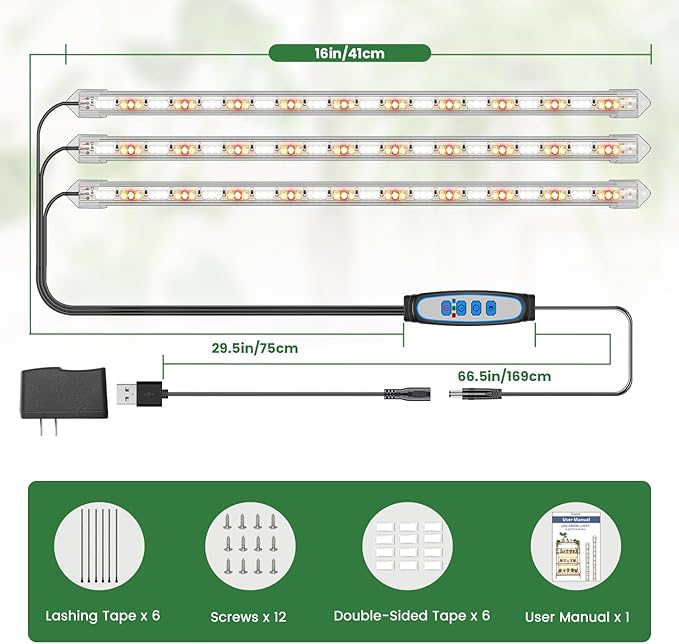 LED Grow Light Strip, 180 LEDs Grow Lights for Indoor Plants Full Spectrum 3000K/6000K/660nm Sunlike Plant Light for Indoor Growing with 3 Spectrum Modes, 16 Inches