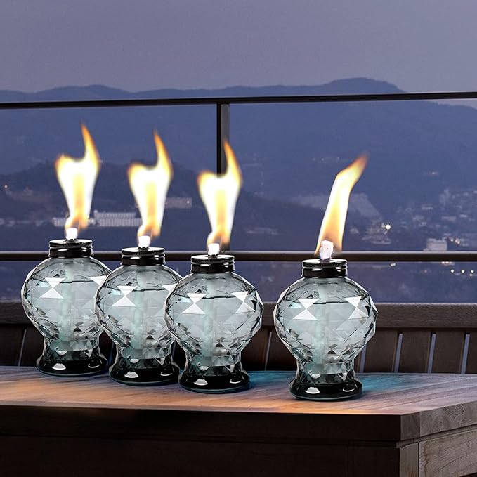 Tewei 4 Pack Grey Table Top Light Torches Outdoor, Mini Glass Torches Lanterns for Outside, Easy to Refill Citronella Torches for Garden Patio Yard Party