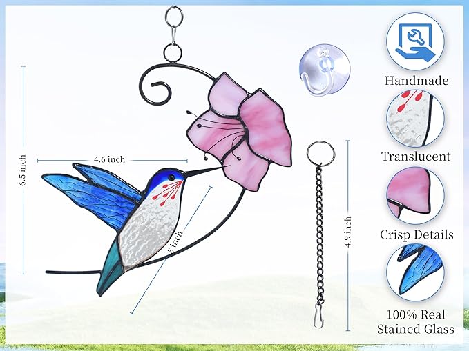 Lolitarcrafts Hummingbird with Flower Stained Glass Suncatcher Bird Stained Glass Window Hangings Hummingbird Gift for Home Decor (Blue with Flower)