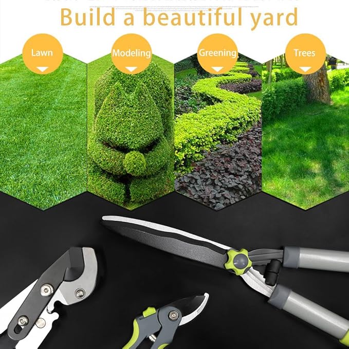 Garden Pruning Shears Hedge Clippers, Updated 3PCS Garden Shears Lopper Combo Set, Branch Cutter with Compound Action, Chops Thick High Branch Ease, Professional Tree Trimmer Set Heavy Duty