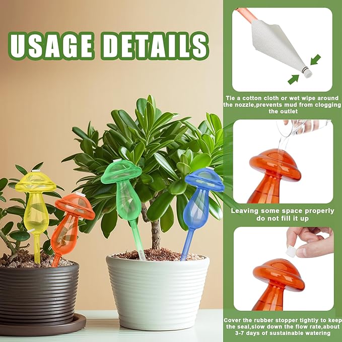 HYH Plant Watering Globes 4 Pack Colorful Mushroom Plant Watering Devices for Indoor & Outdoor Plants Self Watering Planter Spikes Insert Made from Hand-Blown Glass Gradient Rainbow Watering Globes