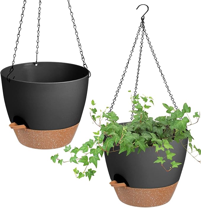 Hanging Planters for Indoor Outdoor Plants, 2 Pack Self Watering Hanging Pot with Drainage Holes & Removable Tray (Black, 10'')