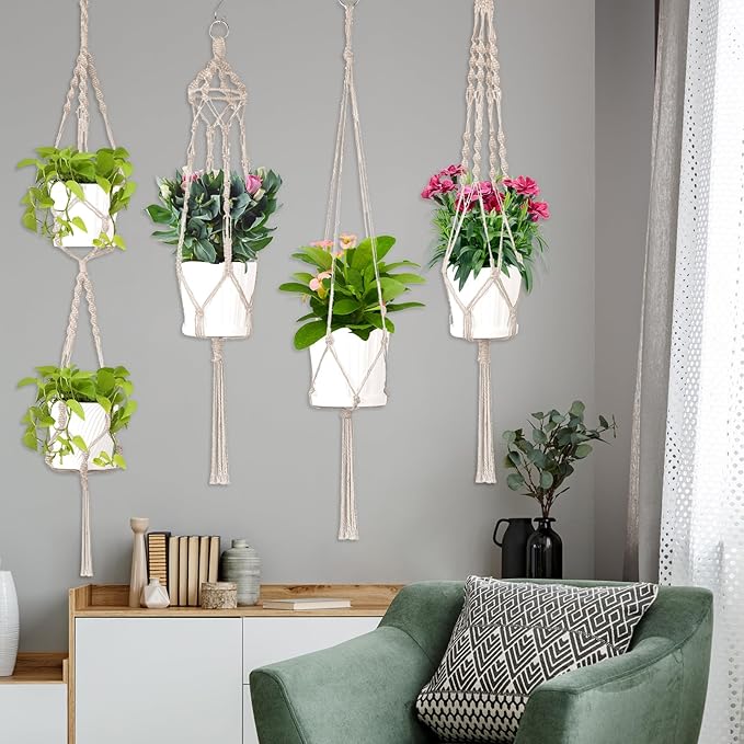 Hoteam 12 Pcs Macrame Plant Hangers Macrame Hanging Planters for Indoor Plants Handmade Boho Hanging Baskets Flower Pots Holder for Outdoor Home Wall Decor