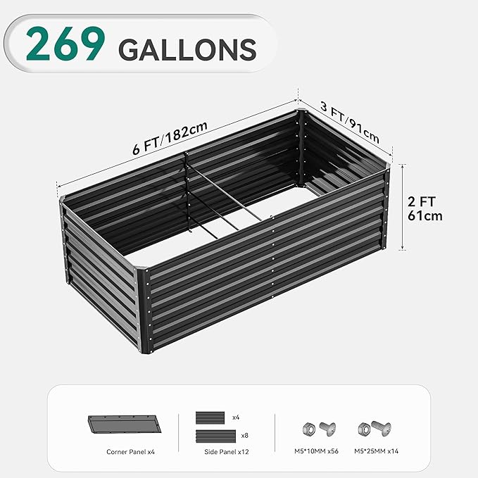 YITAHOME 72x36x24 in Galvanized Raised Garden Bed Kit, Large Metal Planter Box with Gloves & Support Rod, Outdoor Flower Bed for Plants Vegetables, Black