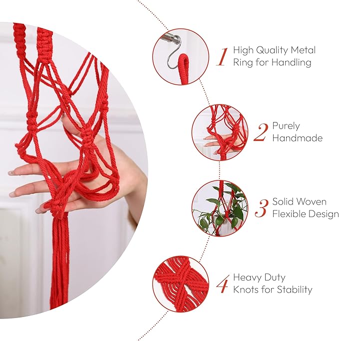 Macrame Plant Hangers Indoor Macrame Hanging Planters for Indoor Plants - 6 Pack Hanging Plant Holders Indoor Hanging, Macromay Plant Hangers for Indoor Plant Hanger, Boho & Home Decor (Red)