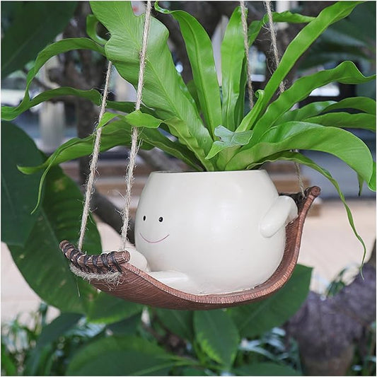 Hanging Hammock Planter Pot Swing Smile Face Planter for String of Pearls Plant Live Resin Head Flower Pots for Indoor Outdoor Plant Gift Ideas for Mother Day, Christmas