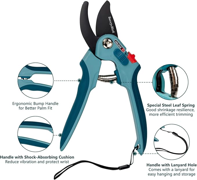Berry&Bird Garden Pruning Shears, 8.7" Bypass Hand Pruner Shears, Adjustable Size Scissors with SK5 High Carbon Steel Blades, Flower Clippers Secateurs with Safety Lock for Pruning Flowers, Branches