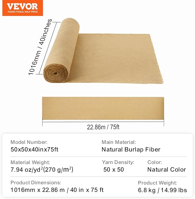 VEVOR Burlap Fabric Roll, 40” x 75 ft High Density Natural Jute Fiber Material for Outdoor Plant Care, Tree Wrap Roll, Decor, DIY Crafts, Wedding, Garden Weed Barrier, Plants & Trees Winter Covering