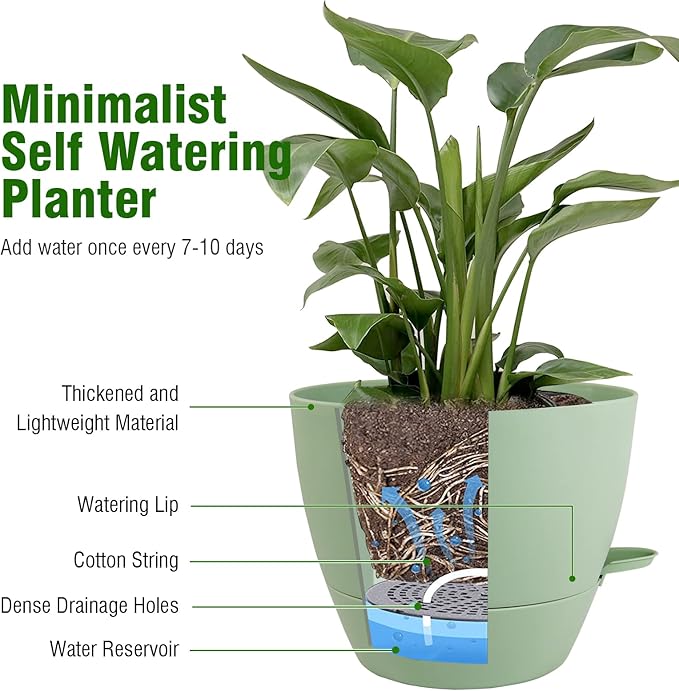 WOUSIWER 10 inch Self Watering Planters, 2 Pack Large Plastic Plant Pots with Deep Reservior and High Drainage Holes for Indoor Outdoor Plants and Flowers, Green