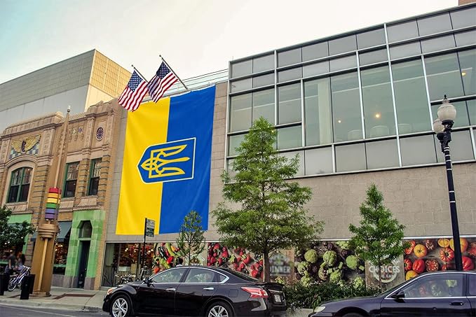 Ukraine Trident Extra Large Flag 10x15FT Giant Ukrainian Coat of Arms National Polyester Banner With 5 Grommets Fade Resistant Vivid Color For Patriotic Festival Events Party Decoration