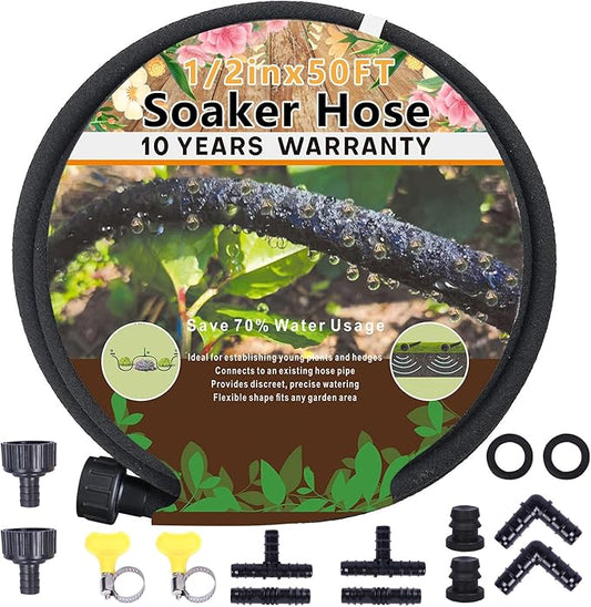 1/2’’ Soaker Hose for Garden 50 Ft, Heavy Duty Soaker Hose 50 ft for Raised Garden Beds, Garden Soaker Hoses for Foundation Watering Drip Hose Irrigation System (50 ft)