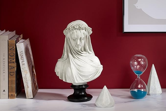 Design Toscano Veiled Maiden Indoor Bust Statue, 9 Inch Wide, 14 Inch Tall, Cast Stone Resin, Antiqued White Finish with a Black Painted Base
