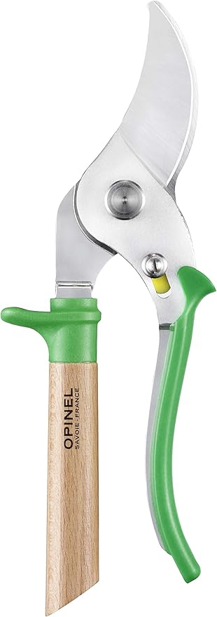 Opinel Hand Pruning Shears with non-slip beech wood handle perfect for bypass trimmers, garden, hedge, lawn clippers or hand scissors with stainless steel blade (Green)