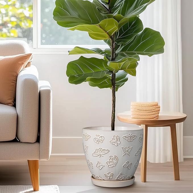 Ceramic Planter Pot 10 Inch- Large Plant Pot with Drainage Hole and Saucer Modern Round Flower Pot for Indoor Outdoor Plants White