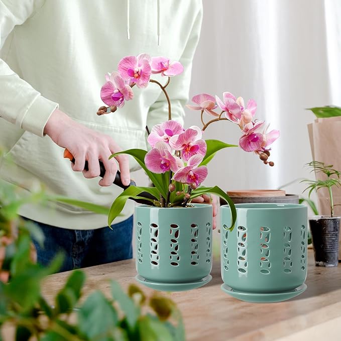 Ceramic Orchid Pots with Holes, 5 Inch+6 Inch Orchid Planter with Drainage Holes and Tray, Indoor Flower Pot for Repotting Orchids, Elegant Indigo Glaze