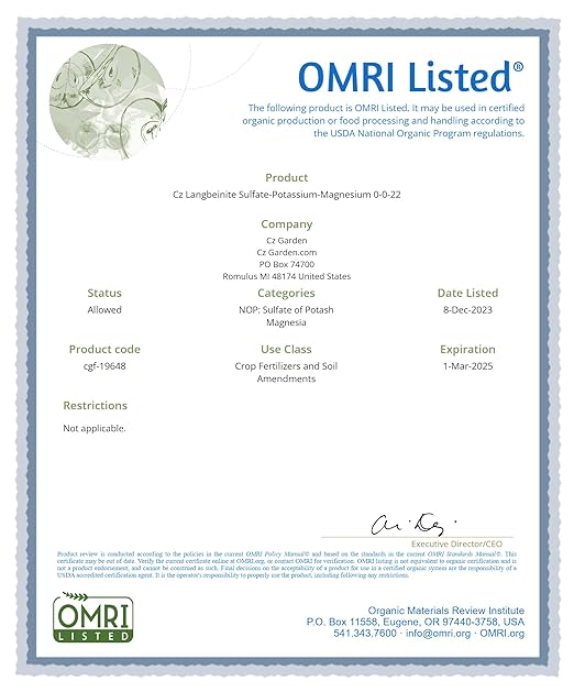 Organic Langbeinite 0-0-22 Sul-Po-Mag 4LB - Made in USA Soil Amendment for Indoor/Outdoor Plants & Flower Gardens. Water Soluble Potassium/Magnesium/Sulfur. Low Chlorine Fertilizer. OMRI Listed