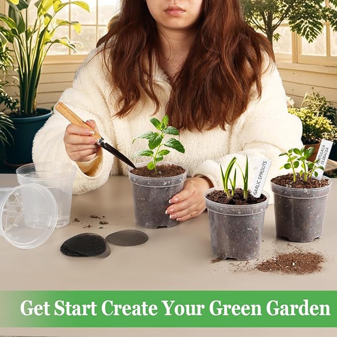 4 Inch Clear Nursery Pots for Plants, Plastic Plant Pot with Drainage Holes, Sturdy Thickened Seed Starter Pots, Small Transparent Seedling Pots with 30 Pcs Plant Labels and Soil Screens, (30 Pack)