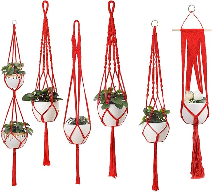 Macrame Plant Hangers Indoor Macrame Hanging Planters for Indoor Plants - 6 Pack Hanging Plant Holders Indoor Hanging, Macromay Plant Hangers for Indoor Plant Hanger, Boho & Home Decor (Red)