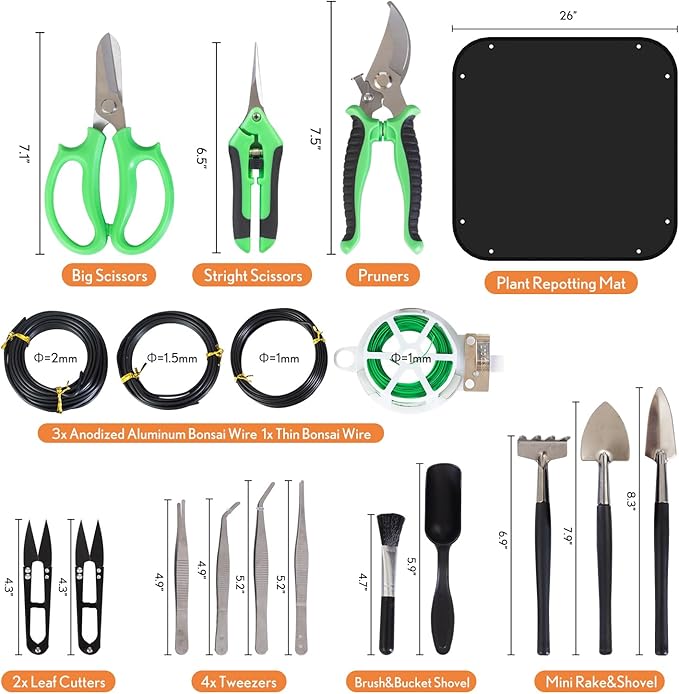 Bonsai Tools Kit 20 Pcs Garden Tools Set for Beginner, Includes Bonsai Wire Kit, Plant Mat, Pruning Shears, Bonsai Scissors, Succulent Tools in Leather Storage Bag, Gardening Gift for Women Men