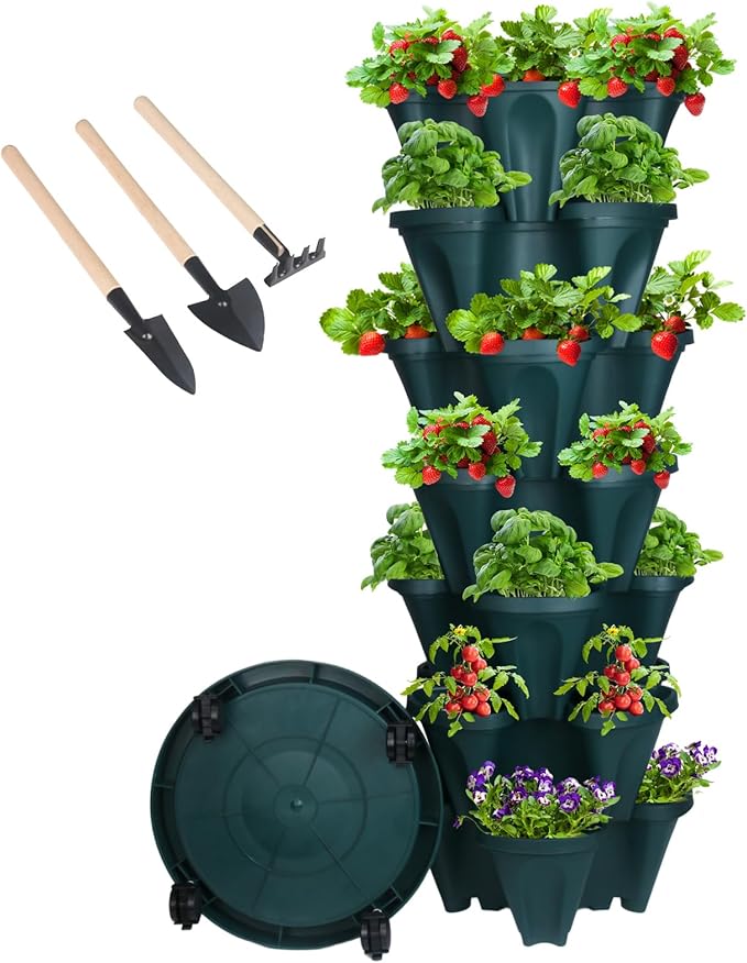 Vertical Planter 7 Tier Stackable Planters Garden Planters Strawberry Herb Flower and Vegetable Planter Indoor Outdoor Gardening Pots with Removable Wheels and Tools