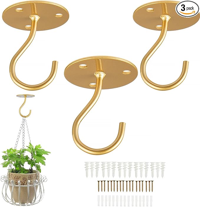 Ceiling Hooks for Hanging Plants-Metal Heavy Duty Wall Mounted Hangers for Hanging Bird Feeders, Planters, Wind Chimes, Include Professional Drywall Anchors (3-Pack) (Gold)