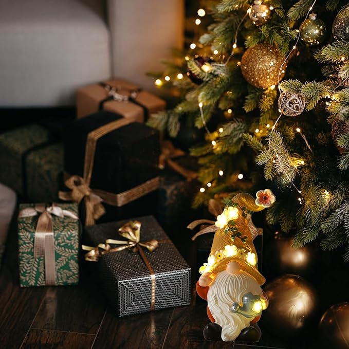 Garden Gnomes in The Hat Stood -Solar Resin Spring Bee Gnome Figurine Statue Garden Lights Outdoor Decorations Waterproof for Patio,Yard,Lawn,