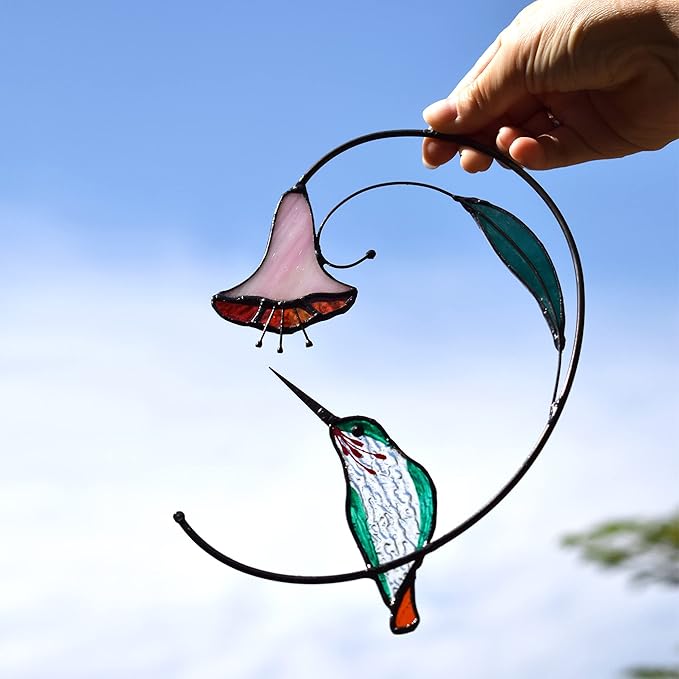 Lolitarcrafts Hummingbird with Flower Stained Glass Suncatcher Bird Stained Glass Window Hangings Hummingbird Gift for Home Decor (Green)
