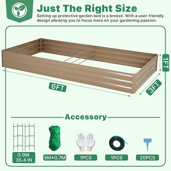 ONCEMORE Galvanized Raised Garden Bed for Vegetables Flowers Herbs, Metal Raised Garden Bed Kit with 2 PCS Tomato Cage, Gloves, Trellis Netting, Plant Labels, Plant Ties, Brown 6×3×1FT