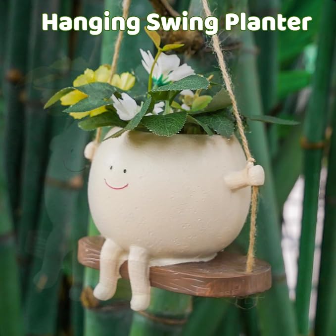 2 Pcs Swing Hanging Planters for Indoor Plants Swinging Plant Pot Face Hanging Flower Pots Resin Head Planter for Outdoor Succulents Gift Ideas for Mother