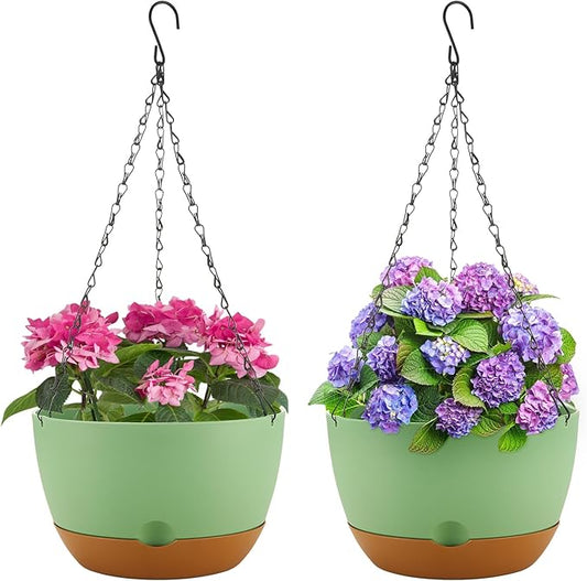 10 Inch Hanging Planter, 2 Pack Hanging Plastic Plant Self Watering Pot with Drainage Holes & Saucers, Hanging Baskets Flower Pots for Indoor Outdoor Garden Plants and Flowers-Green