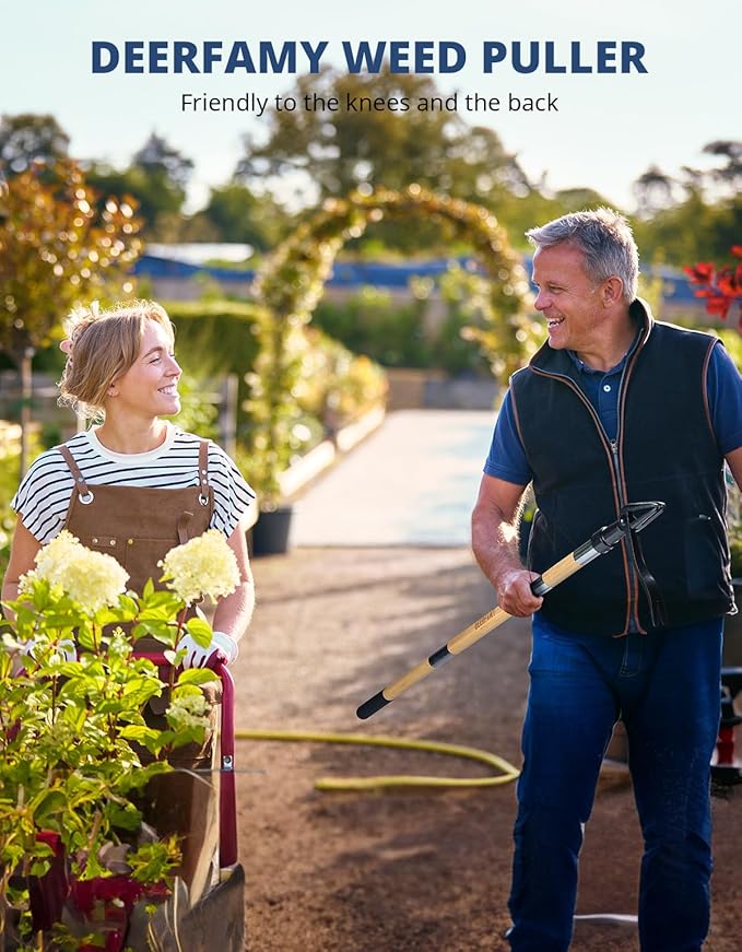 DEERFAMY Stand Up Weed Puller Tool with Long Handle, Manual Weeder with 3-Section Bamboo Construction & 4-Claw Steel Head Design, Gardening Hand Tool for Easy Weed Removal