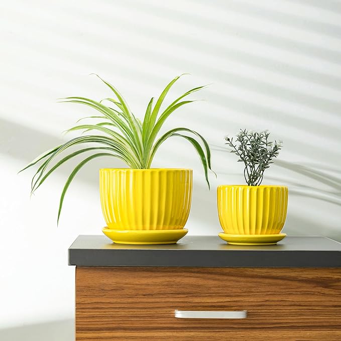 Ton Sin Ceramic Flower Pots,Yellow Plant Pots for Indoor Plants,4.1+5.1+6.5 inch Ceramic Plant Pots with Tray,Medium Indoor Planters for Aloe Cactus Decorative Pots with Drainage Hole (Set of 3)