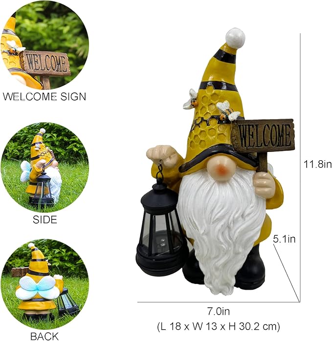 Gnome Garden Statues with Solar Lights Outdoor Gnomes Sculpture Yard Patio Decor for Lawn Ornaments Gardening Gifts(Bee Gnome