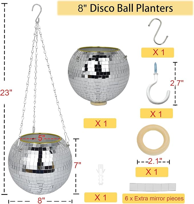 Disco Ball Planter, 8" Disco Planter with Hanging Rope, Hanging Chain & Hook & Ring Stand, Disco Ball Plant Hangers for Indoor and Outdoor Plants, Hanging Plant Holder (Silver, 1 Pack 8")