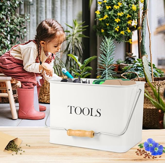 Metal Garden Tool Caddy, 3 Compartments Garden Tool Organizer with Handle, Garden Tool Box for Indoor and Outdoor, Gardening Tool Kit Holder Empty, Gardening Supplies, Gardener Gift (White)