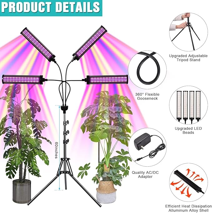 LED Grow Lights for Indoor Plants, 432 LEDs Red Blue White Full Spectrum Plant Lights for Indoor Growing with 15-63 inches Adjustable Tripod Stand, 4 Heads Grow Lamp with 4/8/12H Auto On/Off Timer