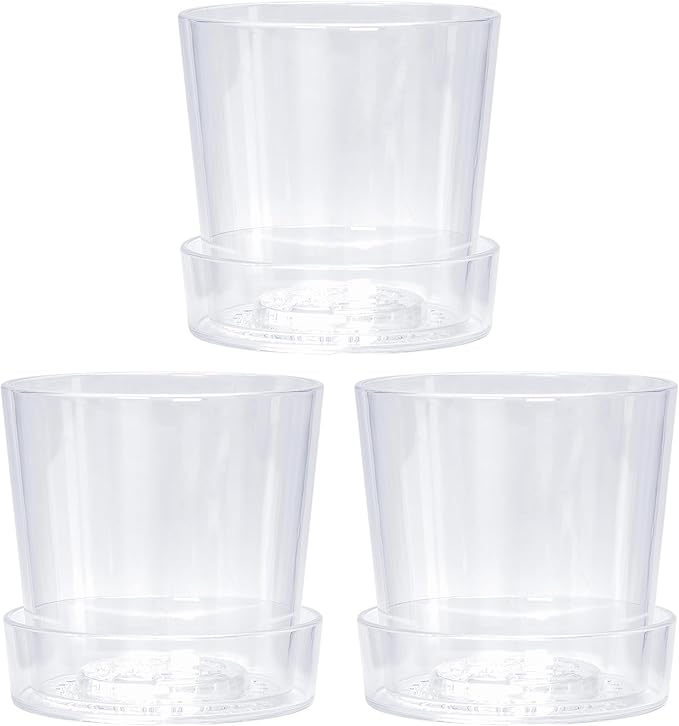 Phoenix Vine 6.5 Inch Clear Acrylic Planter Pot with Tray, Orchid Pot with Drainage Holes, Deep Saucer for Bottom Watering, Transparent Containers for Indoor Plants, Herbs, Set of 3, 91-A-F-3