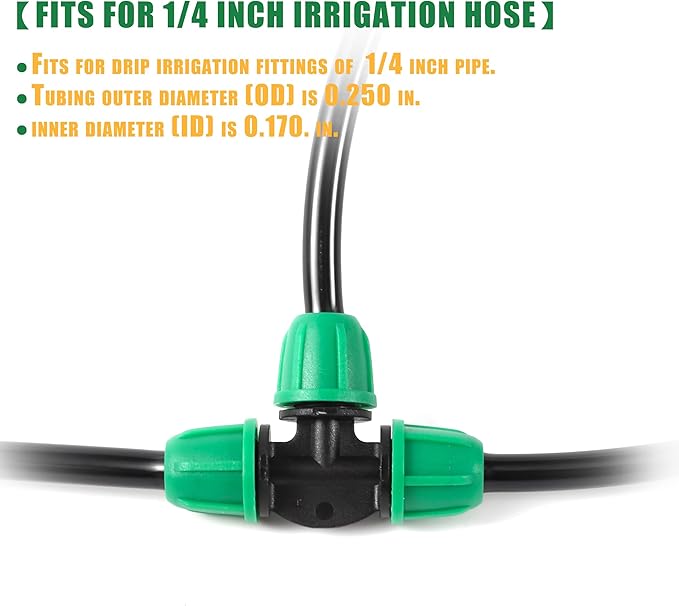 1/4 inch Drip Irrigation Fittings, Lock Barbed Tee for ¼ in. Tubing; Tubing Outside Diameter (OD) is 0.250 in., Internal Diameter (ID) is 0.170. in.(25Pcs/Pack) (Green-3Way)
