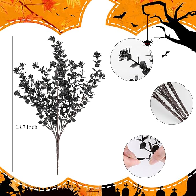 12 Bundles Black Artificial Flowers for Outdoor,No Fade Fake Plastic Flowers Faux Plants for Halloween Decor,Hanging Planters Decoration Indoor Outside Garden Porch Window Box Home Party