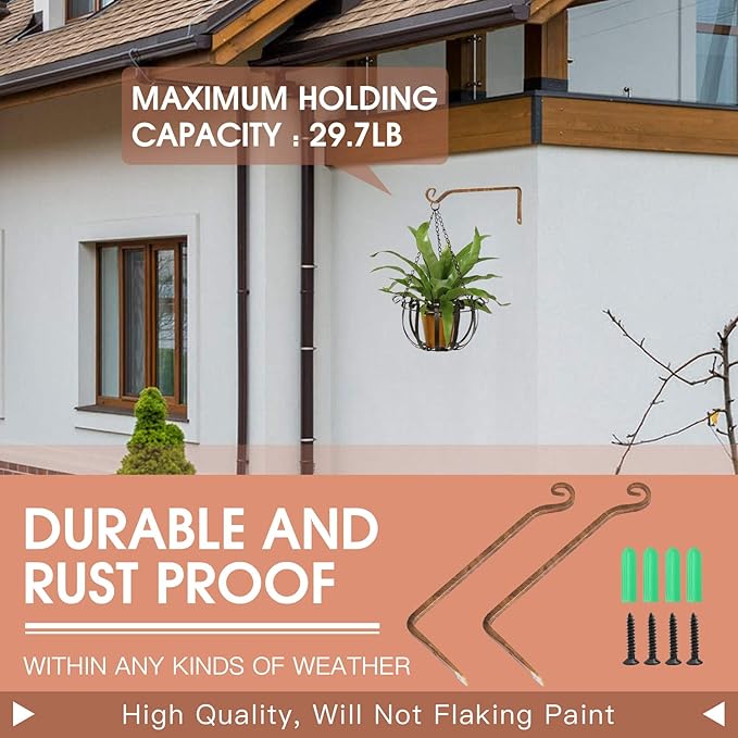 Jardim 2 Pack 10 Inch Premium Decorative Metal Iron Wall Hangers for Home Decor, Indoor Outdoor Plant Bracket Rustic Hanging Gardening Hooks for Planters, Bird Feeders, Lanterns, Wind Chimes (Coffee)