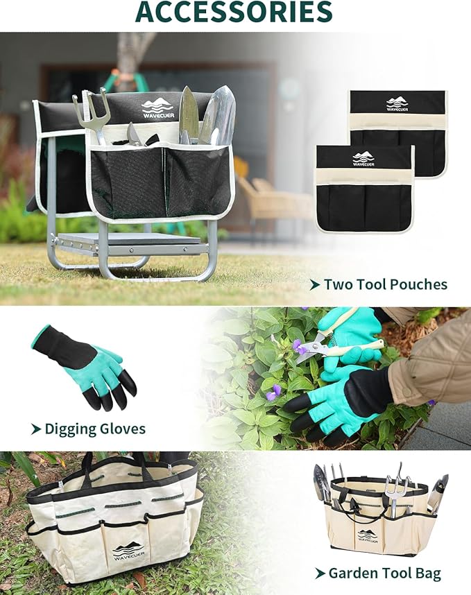 Garden Kneeler and Seat, Foldable Garden Stool 10.2" Width, Heavy Duty Knee Seat for Gardening with 2 Tool Pouches & Gloves, Gardening Accessories for Women, Grandparents, Seniors (Black)