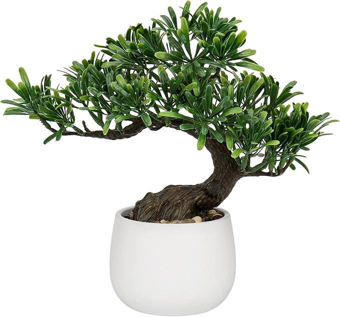 DILATATA Fake Bonsai Tree Zen Juniper Bonsai Plant 10” Tall Artificial Bonsai Trees with White Ceramic Pot Decorated with Pebbles Desk Plant Indoor Bonsai for Home Office Decor