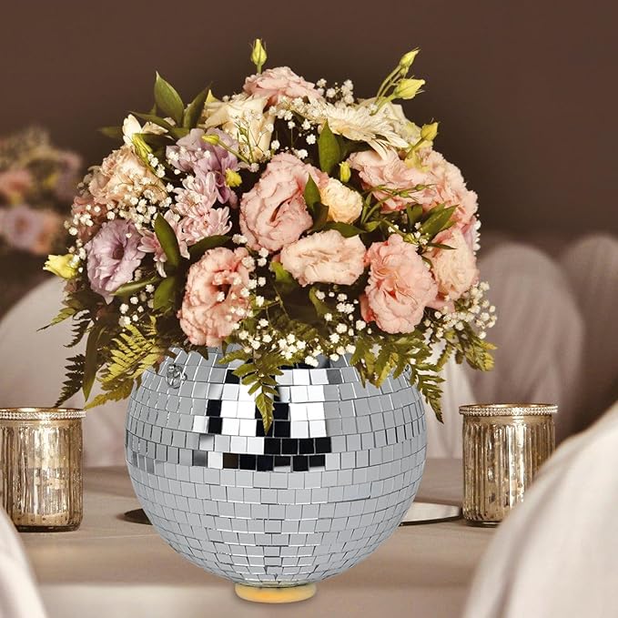 Disco Ball Planter, 2 Pack 8" Disco Planter with Hanging Rope, Hanging Chain & Hook & Ring Stand, Disco Ball Plant Hangers for Indoor and Outdoor Plants (Silver, 8"+8")