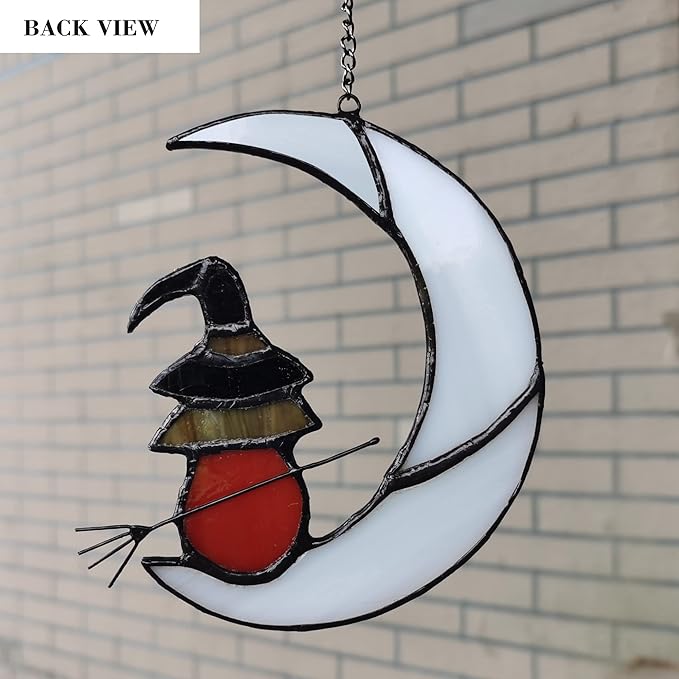 Witch On Moon Stained Glass Window Hanging Panel, Suncatcher for Windows, Witch Decor Riding Moon Face Sun Catcher Halloween Ornament.