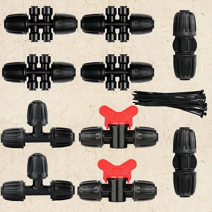 1/2in. Drip Irrigation Tubing - 50FT Drip Line Irrigation System Parts for Garden(Includes 1/2" Straight Connector,Switch Valves, T Connectors, 1/2" to 1/4" Tubing Reducers, Cable Zip Ties)