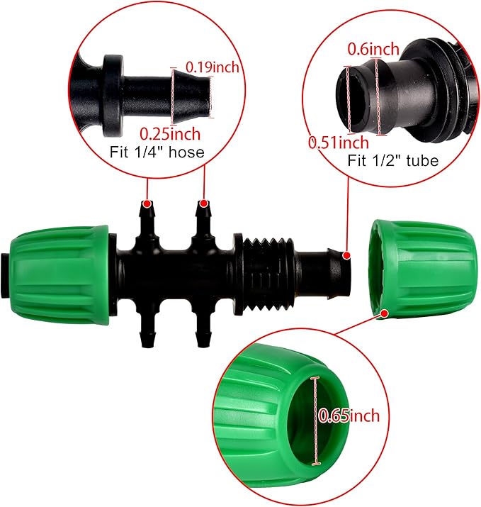 1/2 Inch to 1/4 Inch Drip Tubing Fittings, 6 Way Barbed Tee, Fit 1/2" Drip Tubing (OD: 0.6-0.65") x 1/4 Hose (ID 4mm)-12 Pcs/pack