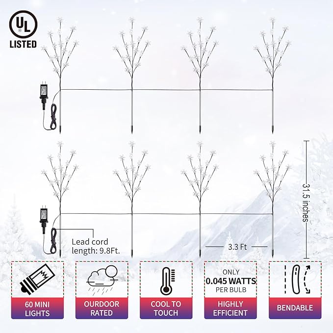 Brightown Snowflake Lights Outdoor Pathway, 8 Packs Lighted Branches Christmas Yard Decor, Small Tree With Lights, Twig Branch Outdoor Christmas Decorations, Pure White