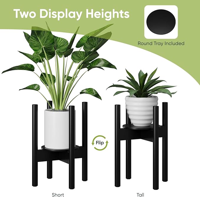 2 Pack Adjustable Plant Stand, Bamboo Plant Stand Indoor with Tray, Wood Plant Stand for 8 to 12 inches Flower Pots, Single Mid-Century Modern Plant Stand for Indoor Plants, Black