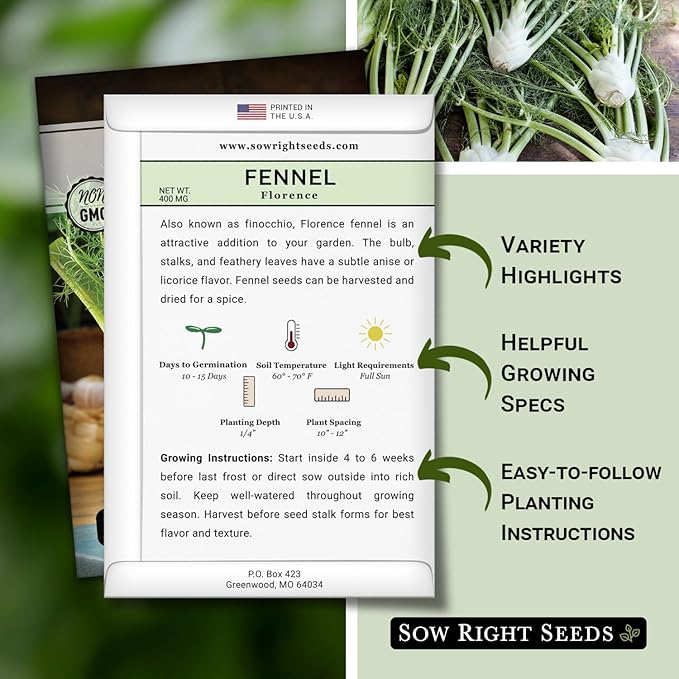 Sow Right Seeds - Florence Fennel Seed for Planting - Non-GMO Heirloom Packet with Instructions to Plant and Grow in Your Herbal Garden - Great for Seasoning and Cooking - Attract Pollinators (1)